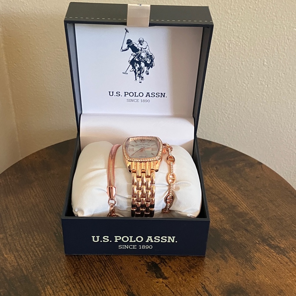 U.S. Polo Assn. Rose Gold Tone Watch and Bracelet Trio